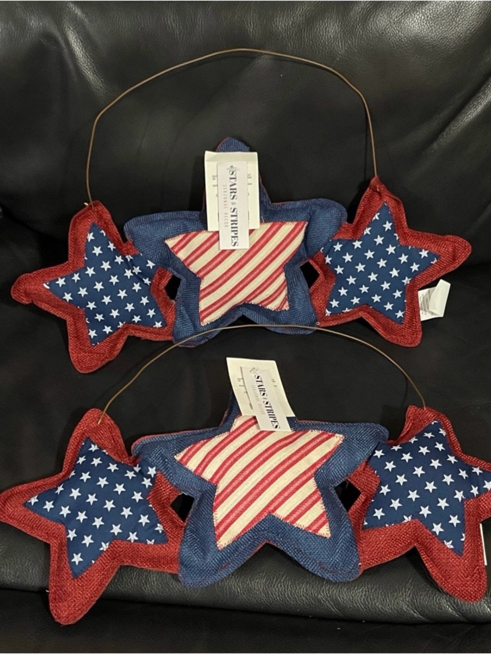 Burlap Star Shaped Patriotic America Flag on wire hanging 4th of July Decor